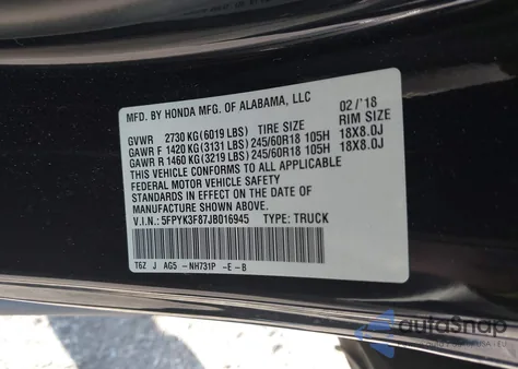 2018 Honda Ridgeline Black Edition from USA, damaged, VIN 5FPYK3F87JB016945